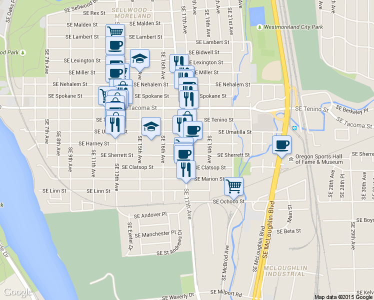 map of restaurants, bars, coffee shops, grocery stores, and more near 1664 Southeast Harney Street in Portland