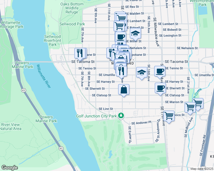 map of restaurants, bars, coffee shops, grocery stores, and more near 8404 Southeast 11th Avenue in Portland