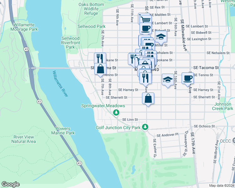 map of restaurants, bars, coffee shops, grocery stores, and more near 924 Southeast Harney Street in Portland