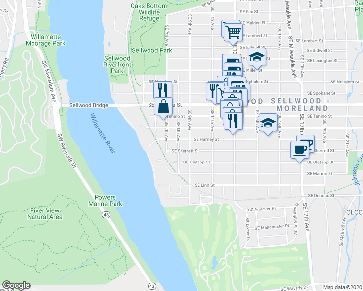 map of restaurants, bars, coffee shops, grocery stores, and more near 8405 Southeast 8th Avenue in Portland