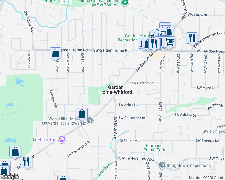 map of restaurants, bars, coffee shops, grocery stores, and more near 8105 Southwest Oleson Road in Portland