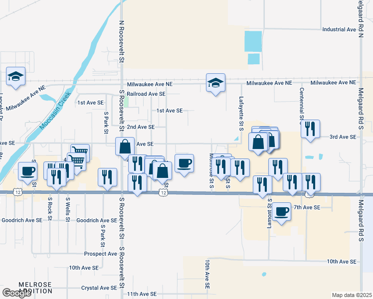 map of restaurants, bars, coffee shops, grocery stores, and more near 2821 3rd Avenue Southeast in Aberdeen