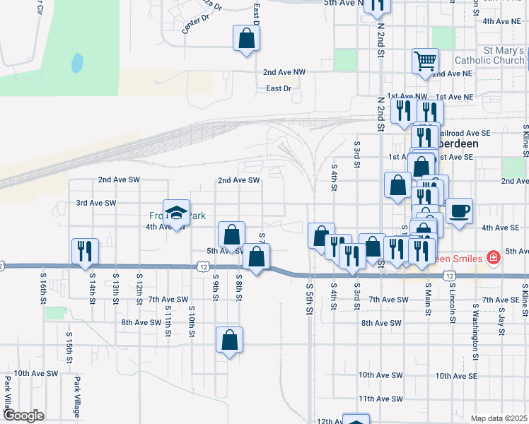 map of restaurants, bars, coffee shops, grocery stores, and more near 605 3rd Avenue Southwest in Aberdeen