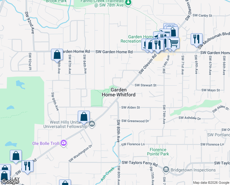 map of restaurants, bars, coffee shops, grocery stores, and more near 8105 Southwest Oleson Road in Portland
