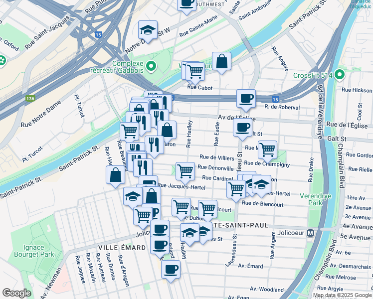 map of restaurants, bars, coffee shops, grocery stores, and more near 5669 Rue Hadley in Montréal
