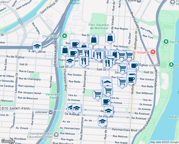 map of restaurants, bars, coffee shops, grocery stores, and more near 4250 Avenue Bannantyne in Montréal
