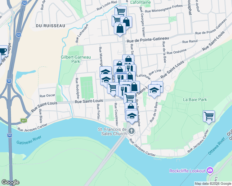 map of restaurants, bars, coffee shops, grocery stores, and more near 59 Cousineau Street in Gatineau