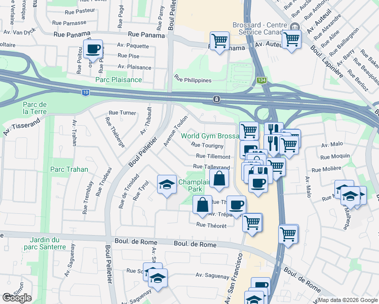 map of restaurants, bars, coffee shops, grocery stores, and more near 1690 Rue Tillemont in Brossard