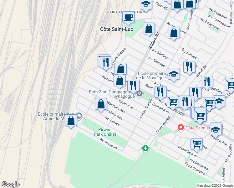 map of restaurants, bars, coffee shops, grocery stores, and more near 5758 Wolseley Avenue in Côte Saint-Luc