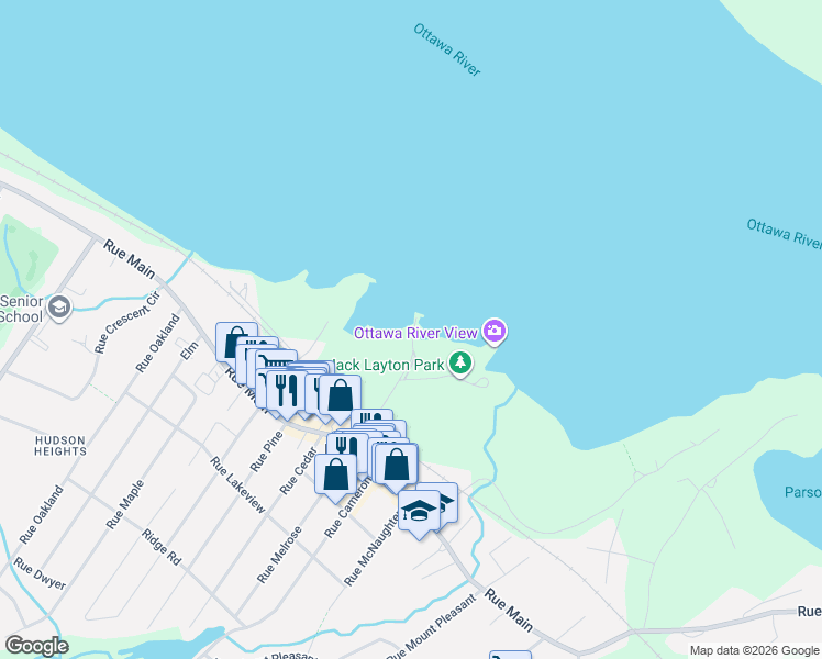 map of restaurants, bars, coffee shops, grocery stores, and more near 16 Rue Wharf in Hudson