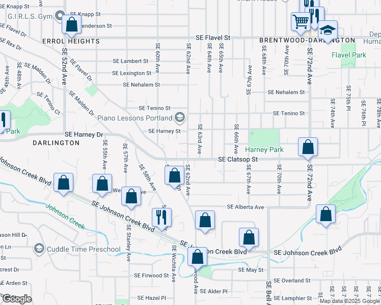 map of restaurants, bars, coffee shops, grocery stores, and more near 8532 Southeast 62nd Avenue in Portland