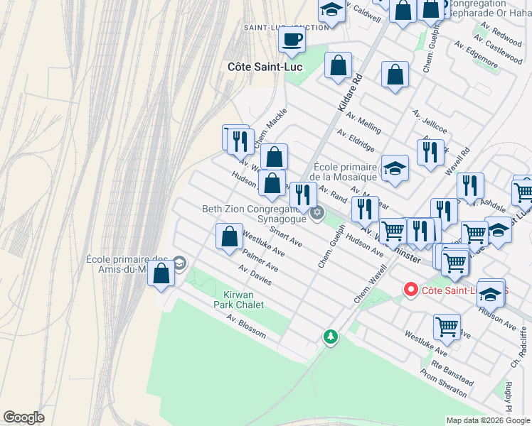 map of restaurants, bars, coffee shops, grocery stores, and more near 5758 Wolseley Avenue in Côte Saint-Luc