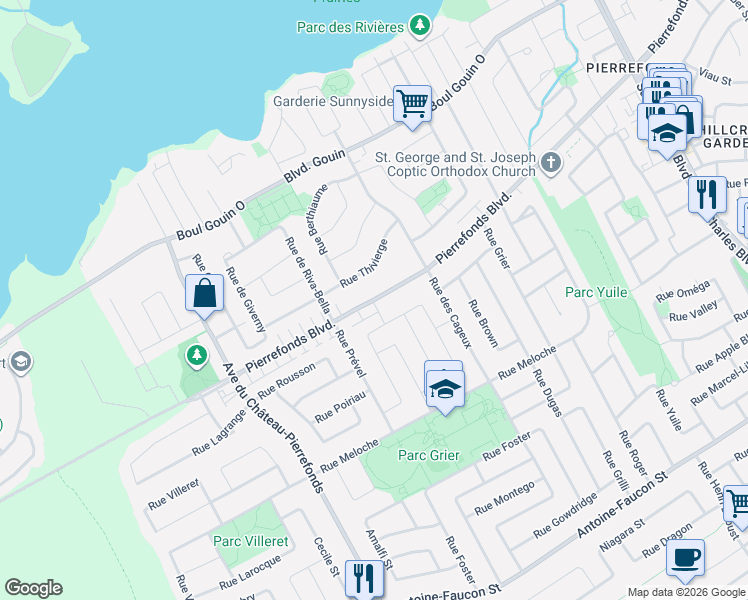 map of restaurants, bars, coffee shops, grocery stores, and more near 17797 Boulevard de Pierrefonds in Montréal