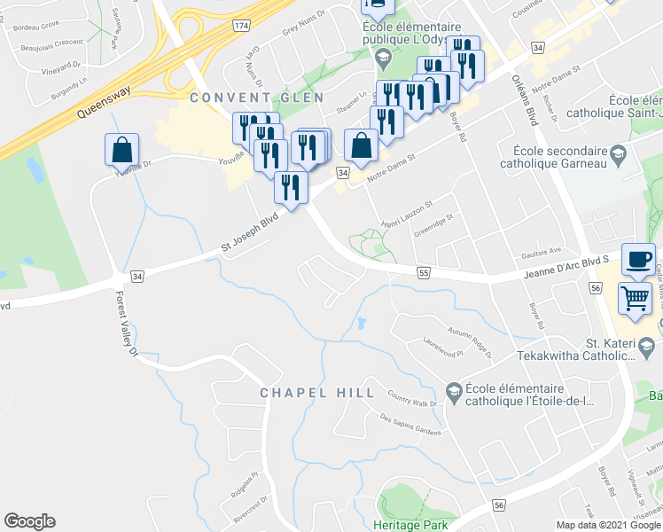 map of restaurants, bars, coffee shops, grocery stores, and more near Hidden Valley Private in Ottawa