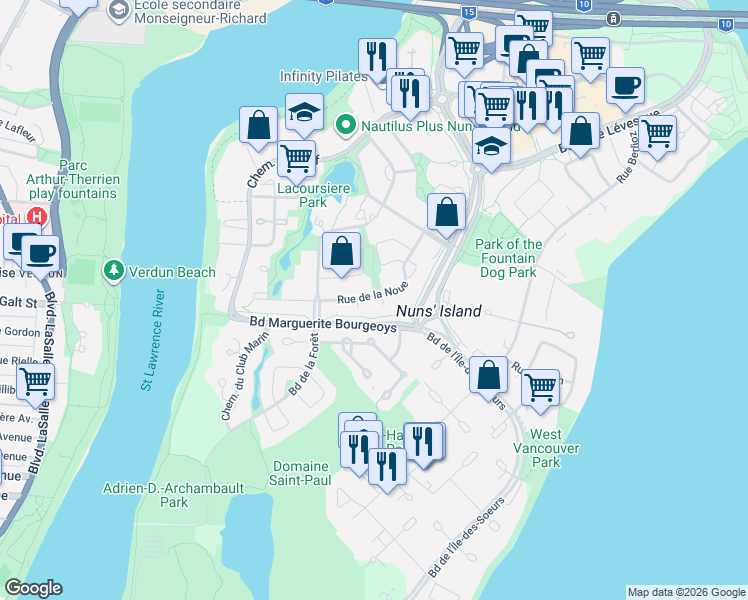 map of restaurants, bars, coffee shops, grocery stores, and more near 595 Rue de la Noue in Montréal