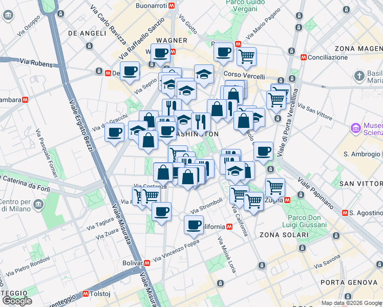 map of restaurants, bars, coffee shops, grocery stores, and more near Piazza Po in Milano