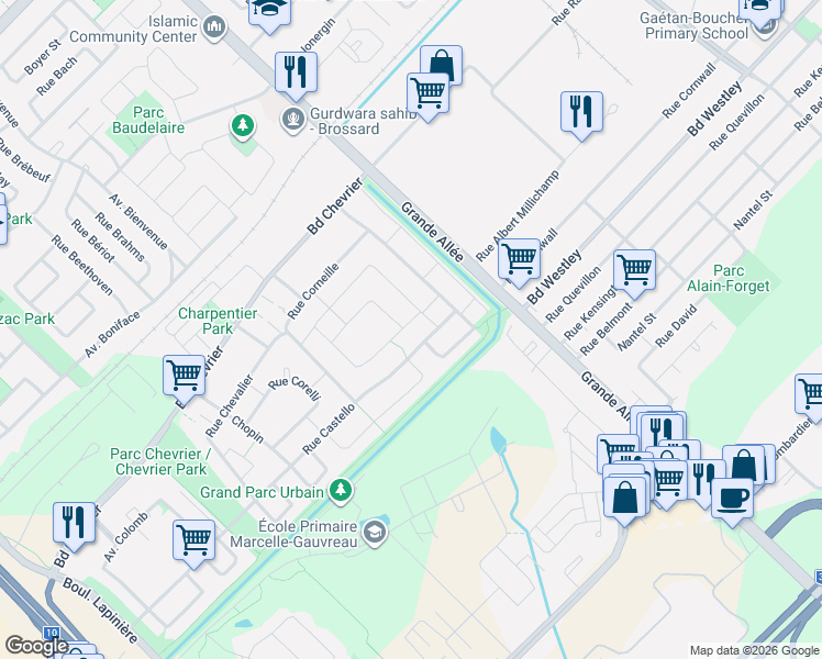 map of restaurants, bars, coffee shops, grocery stores, and more near 5645 Rue Carrière in Brossard
