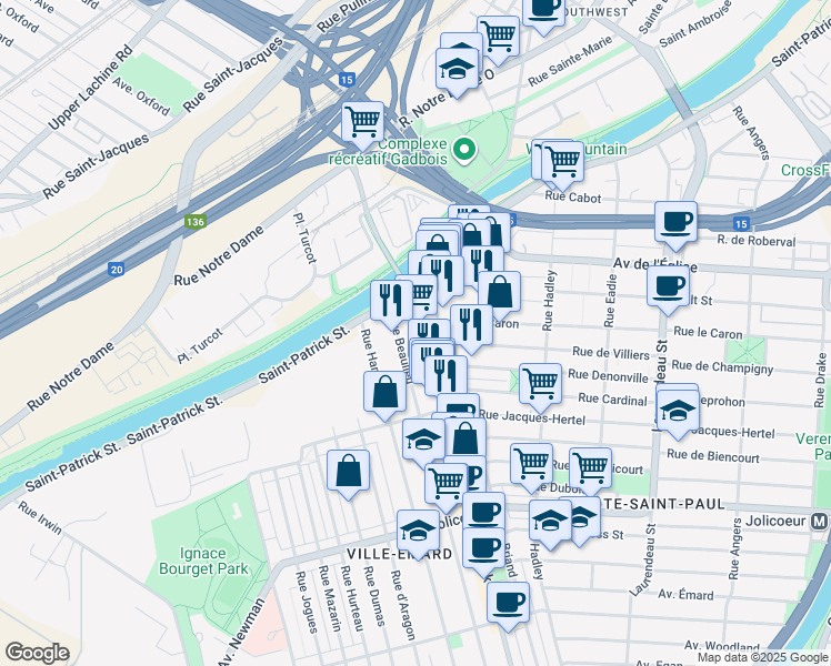 map of restaurants, bars, coffee shops, grocery stores, and more near in Montreal