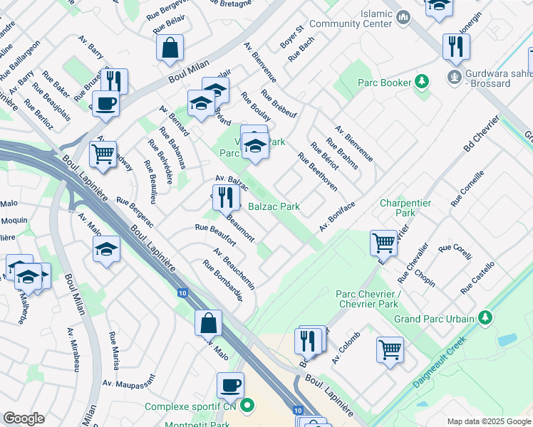 map of restaurants, bars, coffee shops, grocery stores, and more near 3945 Avenue Balzac in Brossard