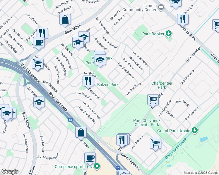 map of restaurants, bars, coffee shops, grocery stores, and more near 3900 Avenue Balzac in Brossard