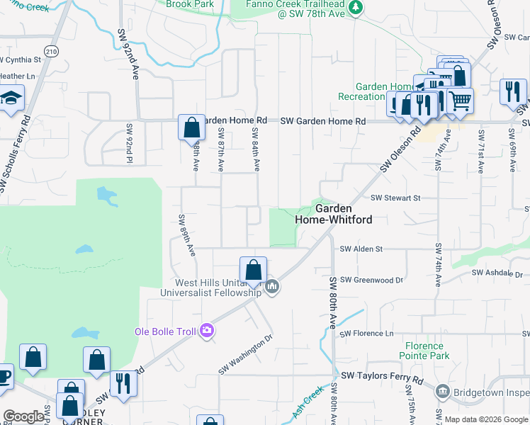 map of restaurants, bars, coffee shops, grocery stores, and more near 8000 Southwest Wareham Circle in Portland