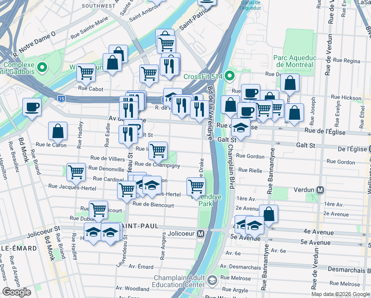 map of restaurants, bars, coffee shops, grocery stores, and more near in Montreal