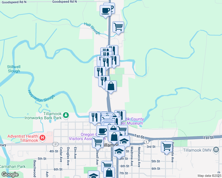 map of restaurants, bars, coffee shops, grocery stores, and more near 500 Oregon Coast Highway in Tillamook