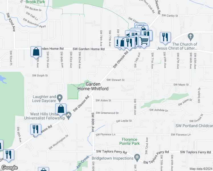 map of restaurants, bars, coffee shops, grocery stores, and more near 7793 Southwest Mayo Street in Portland