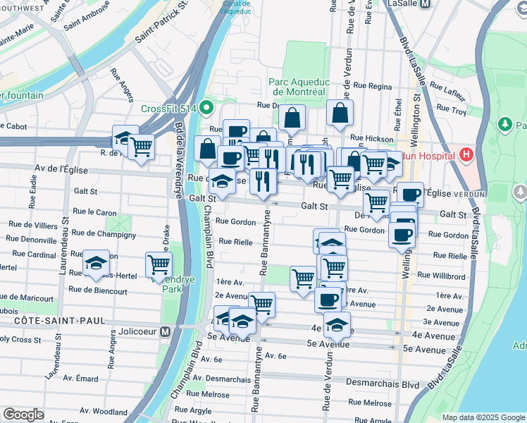 map of restaurants, bars, coffee shops, grocery stores, and more near 4245 Avenue Bannantyne in Montréal