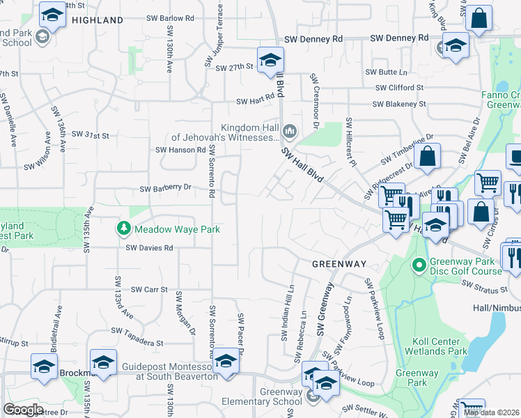 map of restaurants, bars, coffee shops, grocery stores, and more near 8055 Southwest Berryhill Court in Beaverton