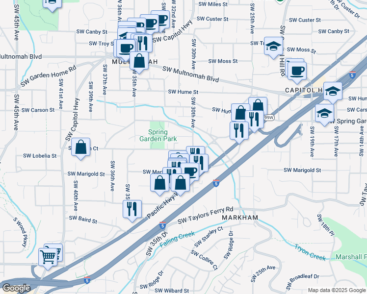map of restaurants, bars, coffee shops, grocery stores, and more near 3043 Southwest Dolph Court in Portland