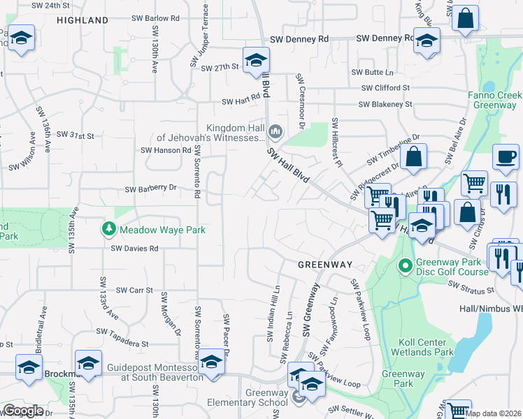 map of restaurants, bars, coffee shops, grocery stores, and more near 8040 Southwest Strowbridge Court in Beaverton