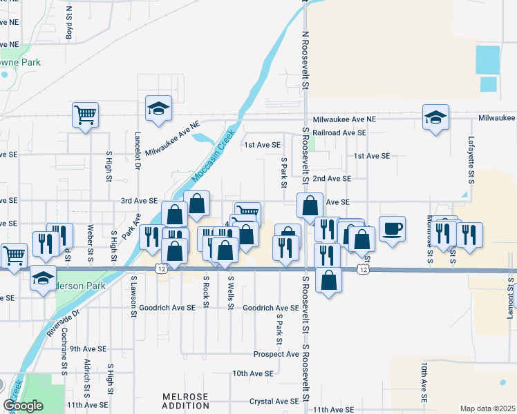 map of restaurants, bars, coffee shops, grocery stores, and more near 2120 3rd Avenue Southeast in Aberdeen