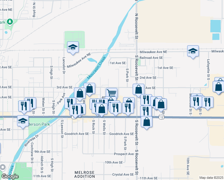 map of restaurants, bars, coffee shops, grocery stores, and more near 2120 3rd Avenue Southeast in Aberdeen