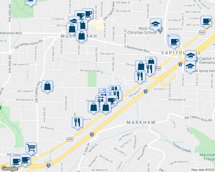 map of restaurants, bars, coffee shops, grocery stores, and more near 3043 Southwest Dolph Court in Portland