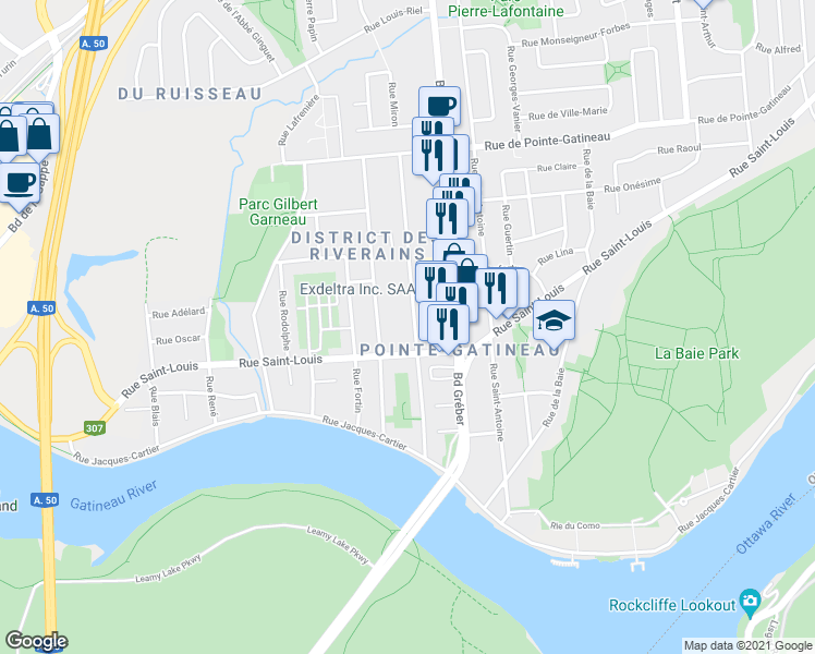 map of restaurants, bars, coffee shops, grocery stores, and more near 62 Rue Cousineau in Gatineau