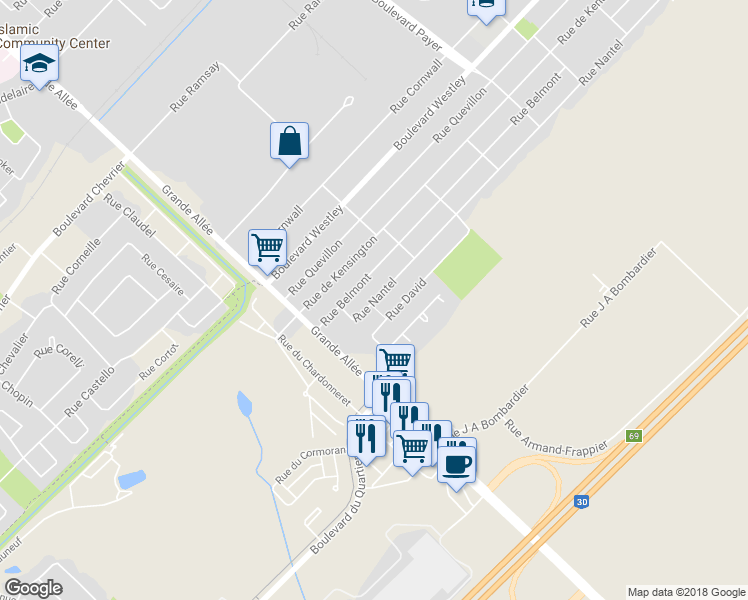 map of restaurants, bars, coffee shops, grocery stores, and more near 5344 Rue Nantel in Longueuil