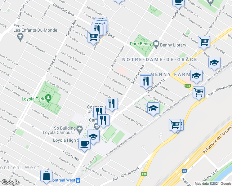 map of restaurants, bars, coffee shops, grocery stores, and more near 4360 Avenue Rosedale in Montréal