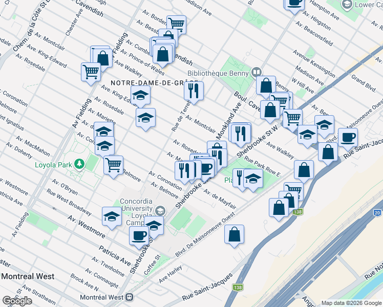 map of restaurants, bars, coffee shops, grocery stores, and more near 4360 Avenue Rosedale in Montréal