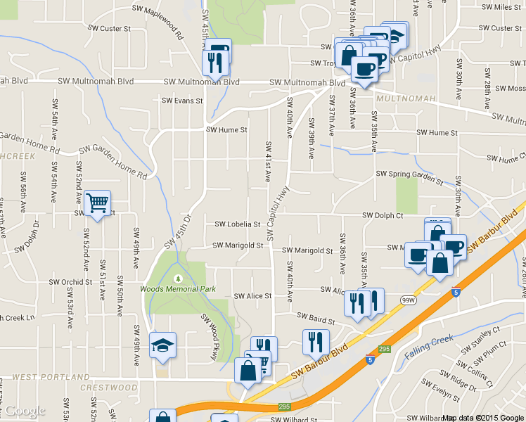 map of restaurants, bars, coffee shops, grocery stores, and more near 8729 Southwest 41st Avenue in Portland