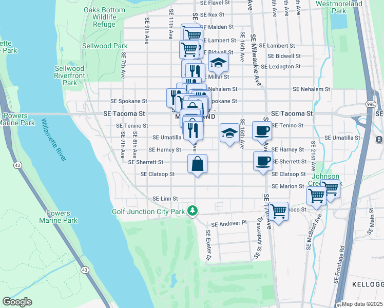 map of restaurants, bars, coffee shops, grocery stores, and more near 1236 Southeast Harney Street in Portland