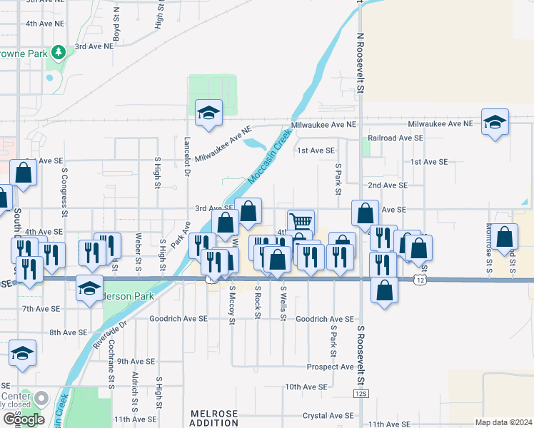 map of restaurants, bars, coffee shops, grocery stores, and more near 322 South Vivian Street in Aberdeen