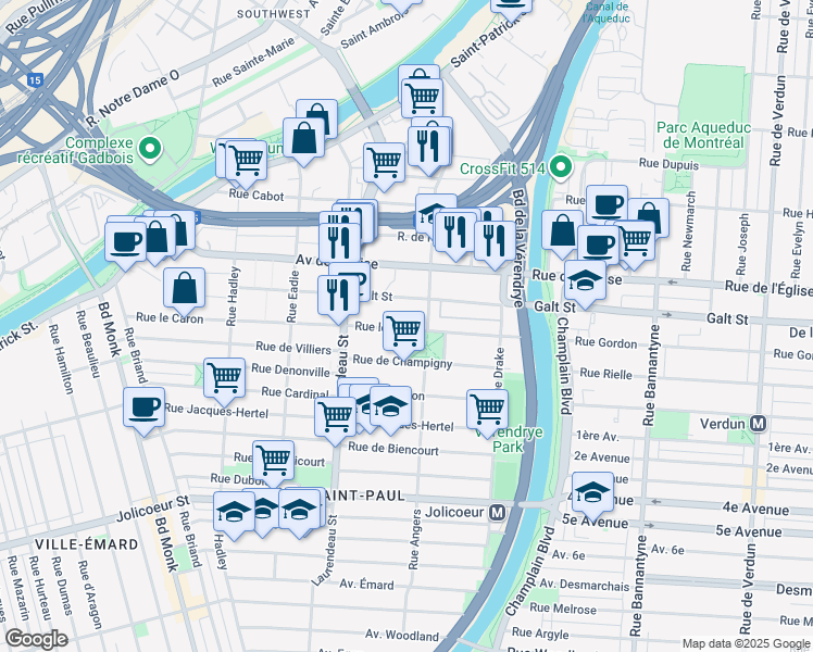 map of restaurants, bars, coffee shops, grocery stores, and more near 1639 Rue le Caron in Montréal