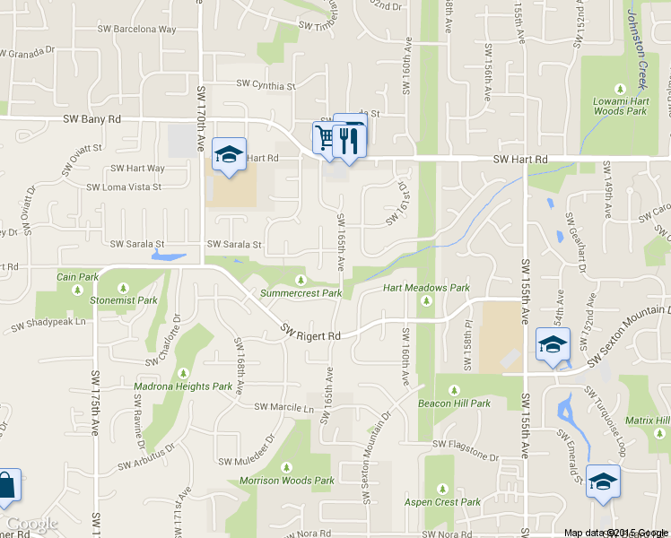 map of restaurants, bars, coffee shops, grocery stores, and more near 8005 Southwest 165th Avenue in Beaverton
