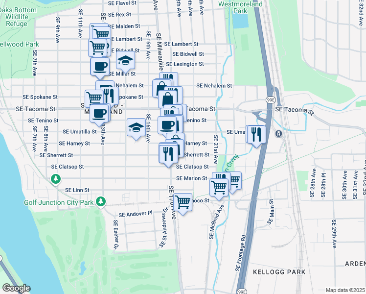 map of restaurants, bars, coffee shops, grocery stores, and more near 1746 Southeast Harney Street in Portland