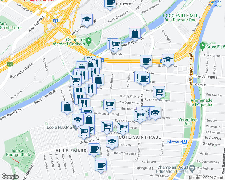 map of restaurants, bars, coffee shops, grocery stores, and more near 5650 Rue Hadley in Montréal