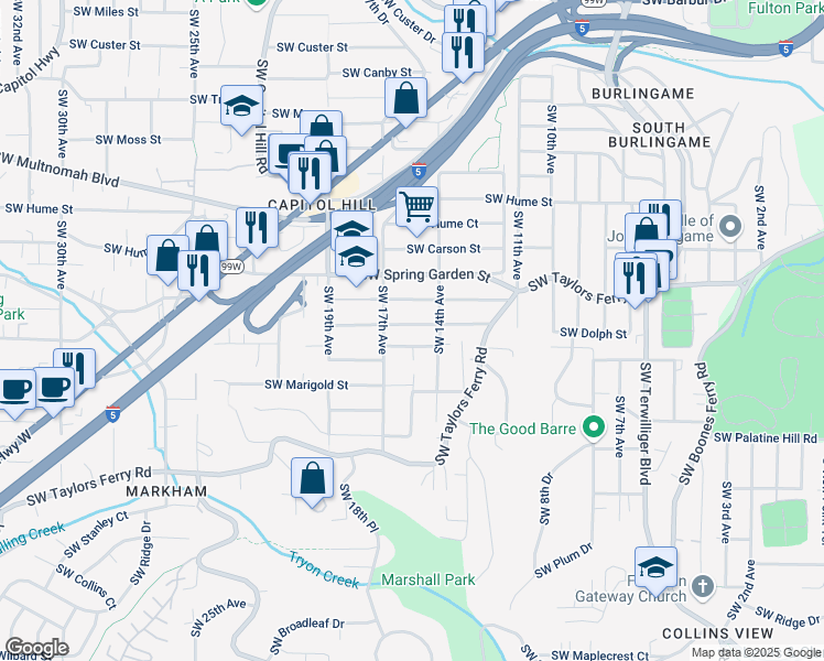 map of restaurants, bars, coffee shops, grocery stores, and more near 1520 Southwest Dolph Street in Portland