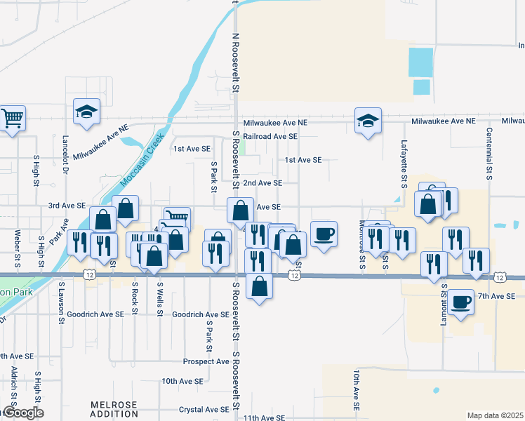 map of restaurants, bars, coffee shops, grocery stores, and more near 2510 3rd Avenue Southeast in Aberdeen