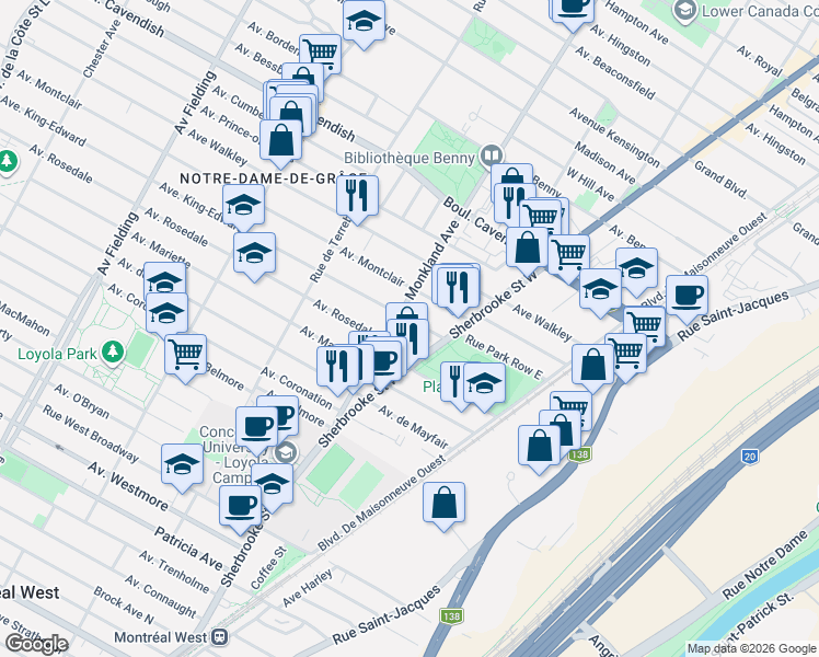 map of restaurants, bars, coffee shops, grocery stores, and more near 3464 Avenue King-Edward in Montréal
