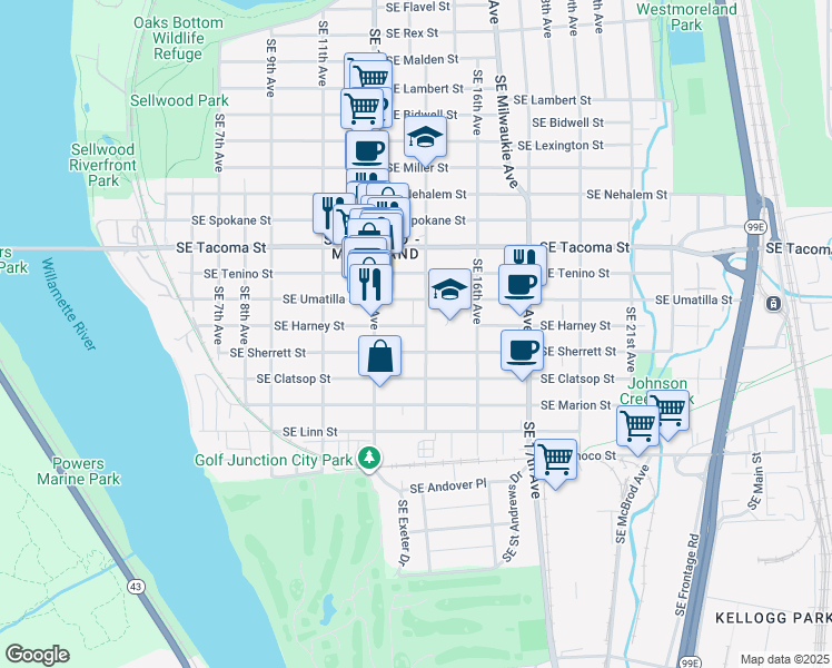 map of restaurants, bars, coffee shops, grocery stores, and more near 1342 Southeast Harney Street in Portland